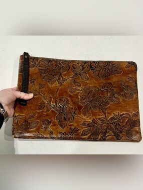 Patricia Nash Embossed Leather Floral Clutch Wristlet Brown Laptop Size